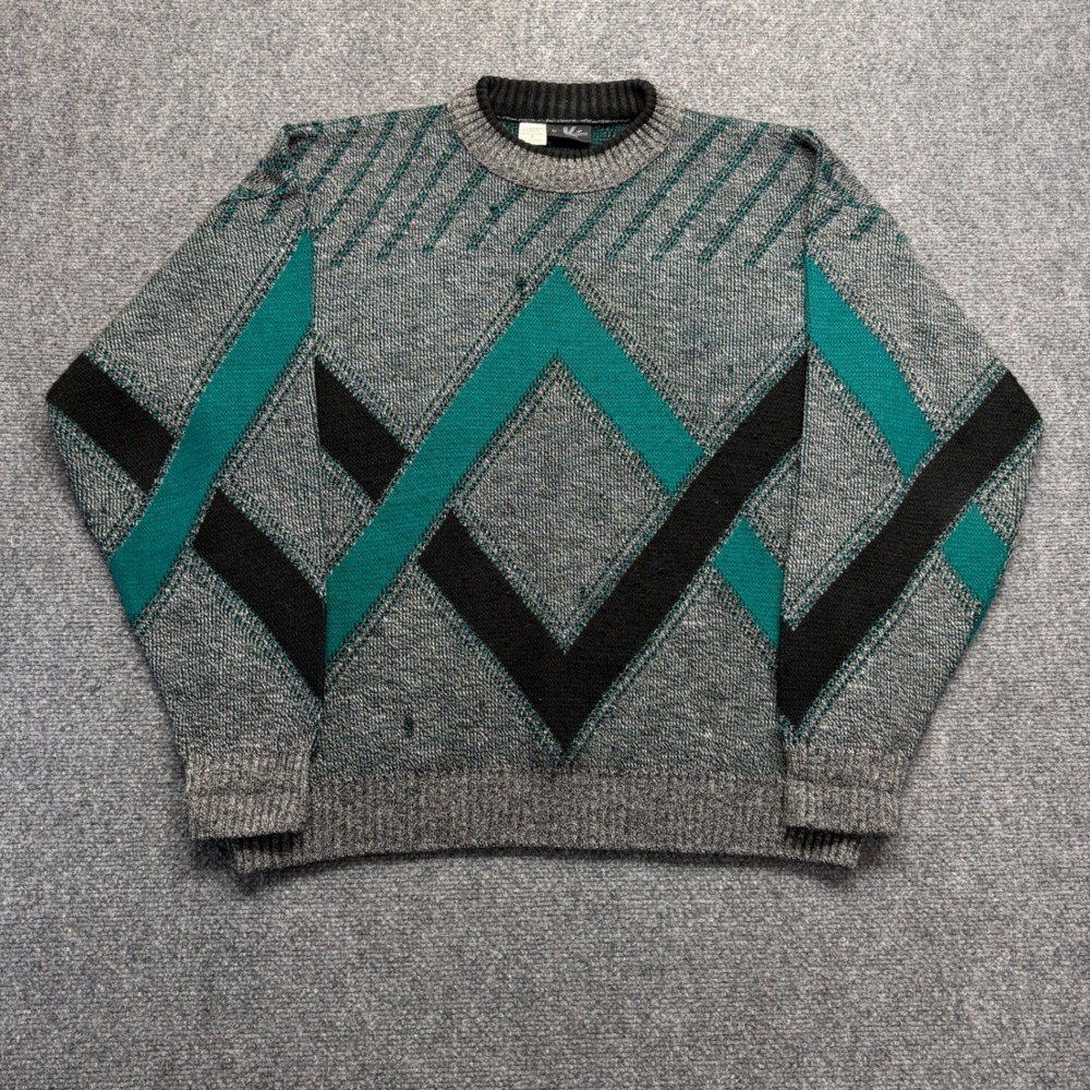 Kensington Italia Vintage Geometric Wool Blend Sweater Grey Teal Black Mens L